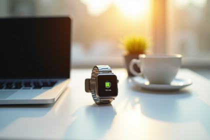Smartwatch moderne avec bracelet en métal sur un bureau blanc
