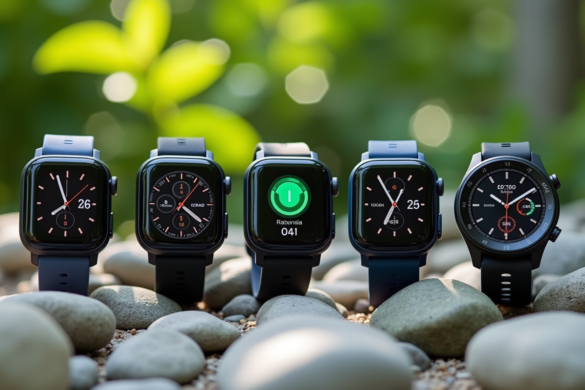 Plusieurs montres sport avec bracelets en silicone sur des pierres naturelles
