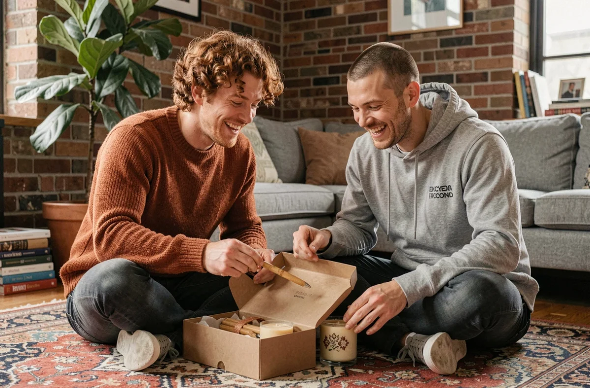 Deux hommes découvrant ensemble le contenu d'une box cadeau mensuelle écoresponsable dans un appartement cosy avec décoration naturelle