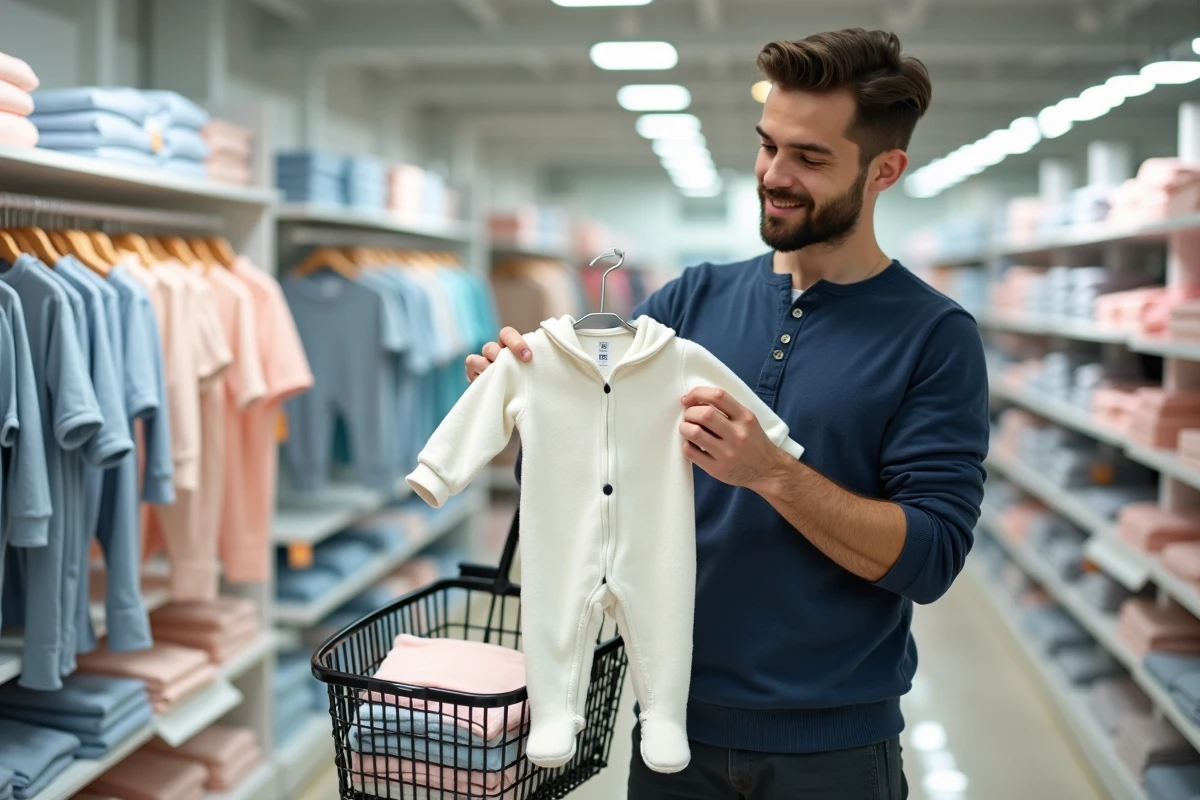 Papa en magasin lisant l'étiquette de taille d'une grenouillère bébé en polaire blanche lors d'un achat de vêtements pour nourrisson