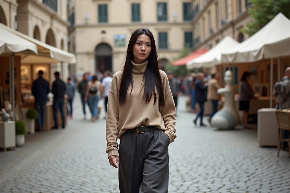 Femme se promenant dans un marché d'art en plein air sur des pavés d'une cour historique européenne
