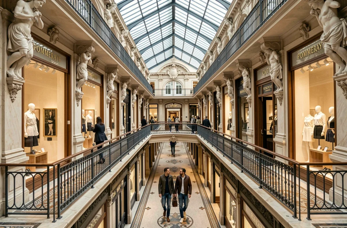 Intérieur du Passage Pommeraye à Nantes avec galeries de créateurs, balustrades en fonte et plafond en verre
