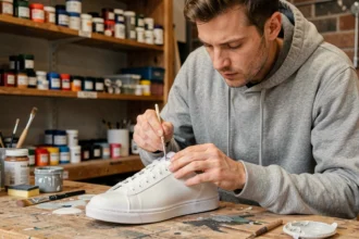 Homme appliquant de la peinture pour sneakers sur une chaussure en cuir blanc dans un atelier artisanal
