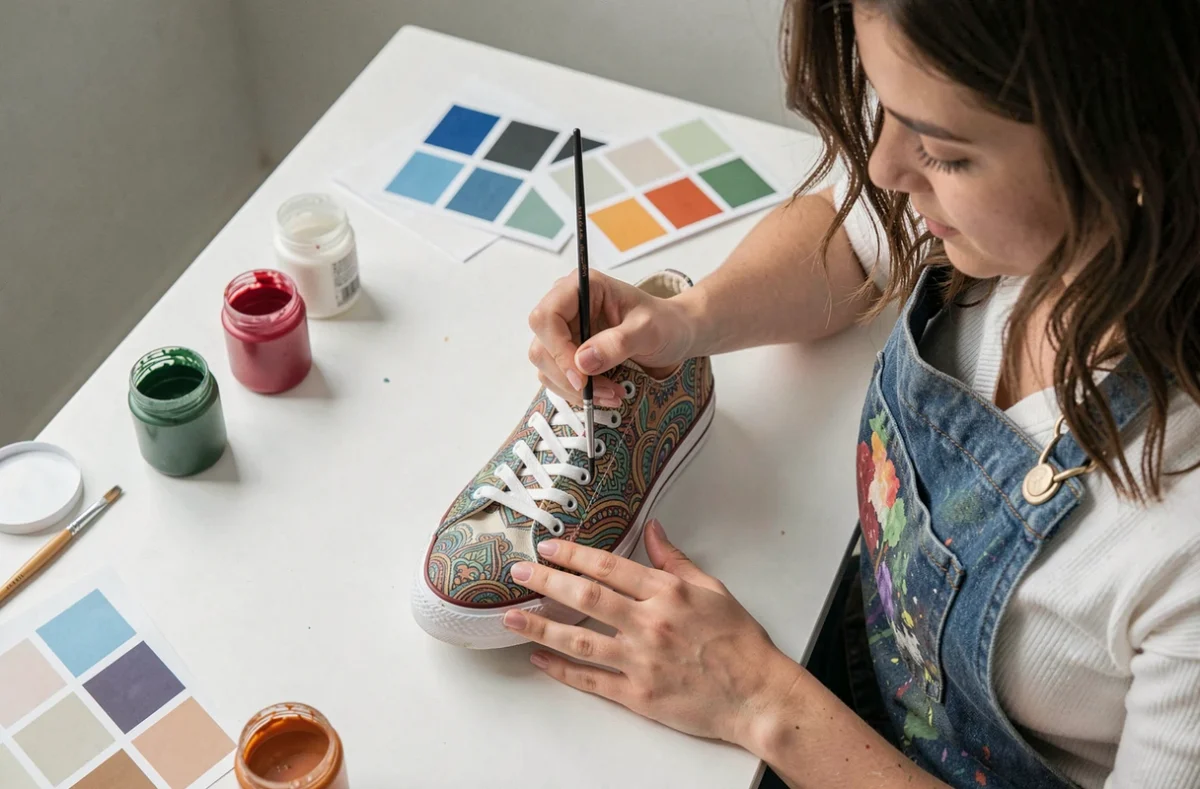 Femme peignant des motifs sur une sneaker en toile avec un pinceau fin dans un studio minimaliste