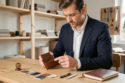 Homme personnalisant un portefeuille en cuir dans un atelier artisanal avec accessoires de maroquinerie