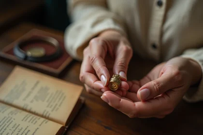 Femme mature examinant le poinçon gravé à l'intérieur d'une bague en or ancienne avec une loupe de bijoutier