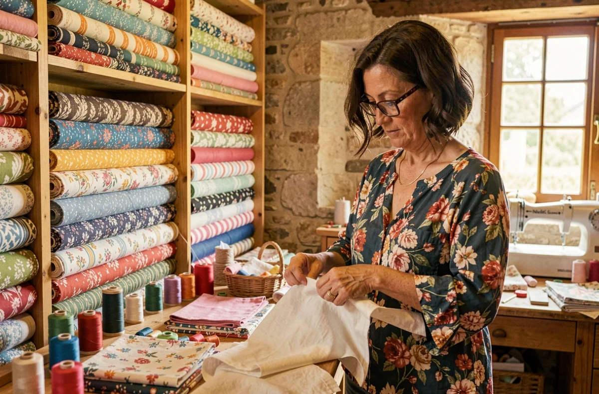 Boutique La P'tite Fabric à Chemillé-en-Anjou avec tissus colorés et fournitures de couture artisanales