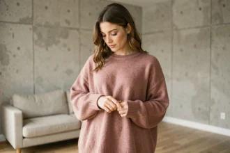 Femme portant un pull en cachemire rose poudré dans un appartement parisien minimaliste, tendance mode 2026