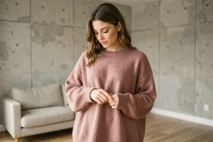 Femme portant un pull en cachemire rose poudré dans un appartement parisien minimaliste, tendance mode 2026