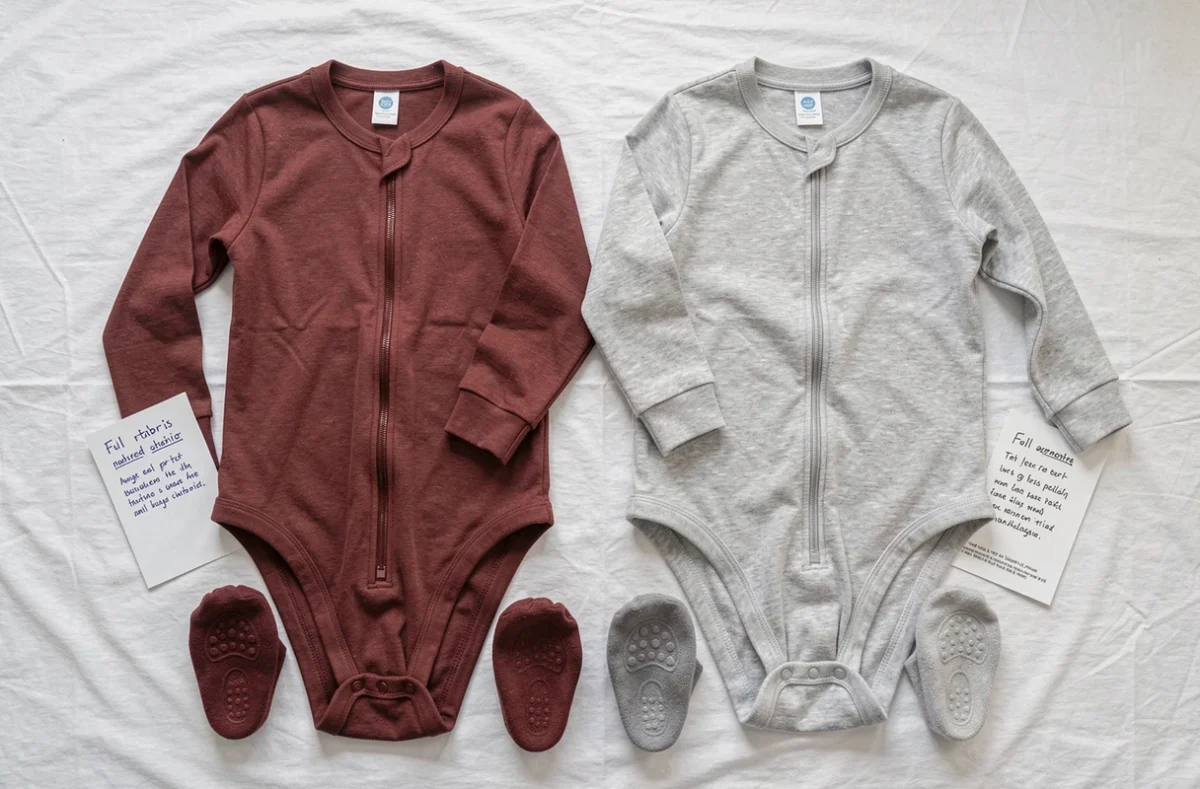 Deux pyjamas grenouillères homme pour maison de retraite posés à plat, montrant les détails des fermetures éclair et des semelles antidérapantes