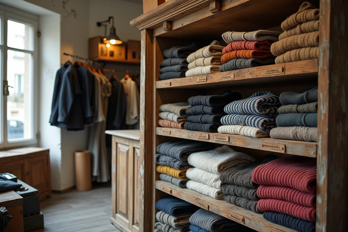 Rayonnages de vêtements de marque d'occasion soigneusement pliés dans une boutique friperie parisienne