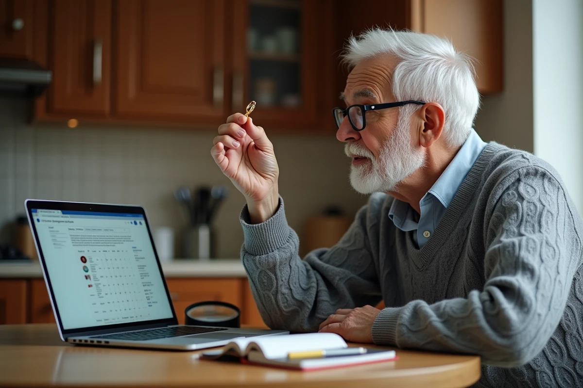 Homme âgé identifiant le poinçon d'une bague en or de famille à la maison avec une loupe et un ordinateur