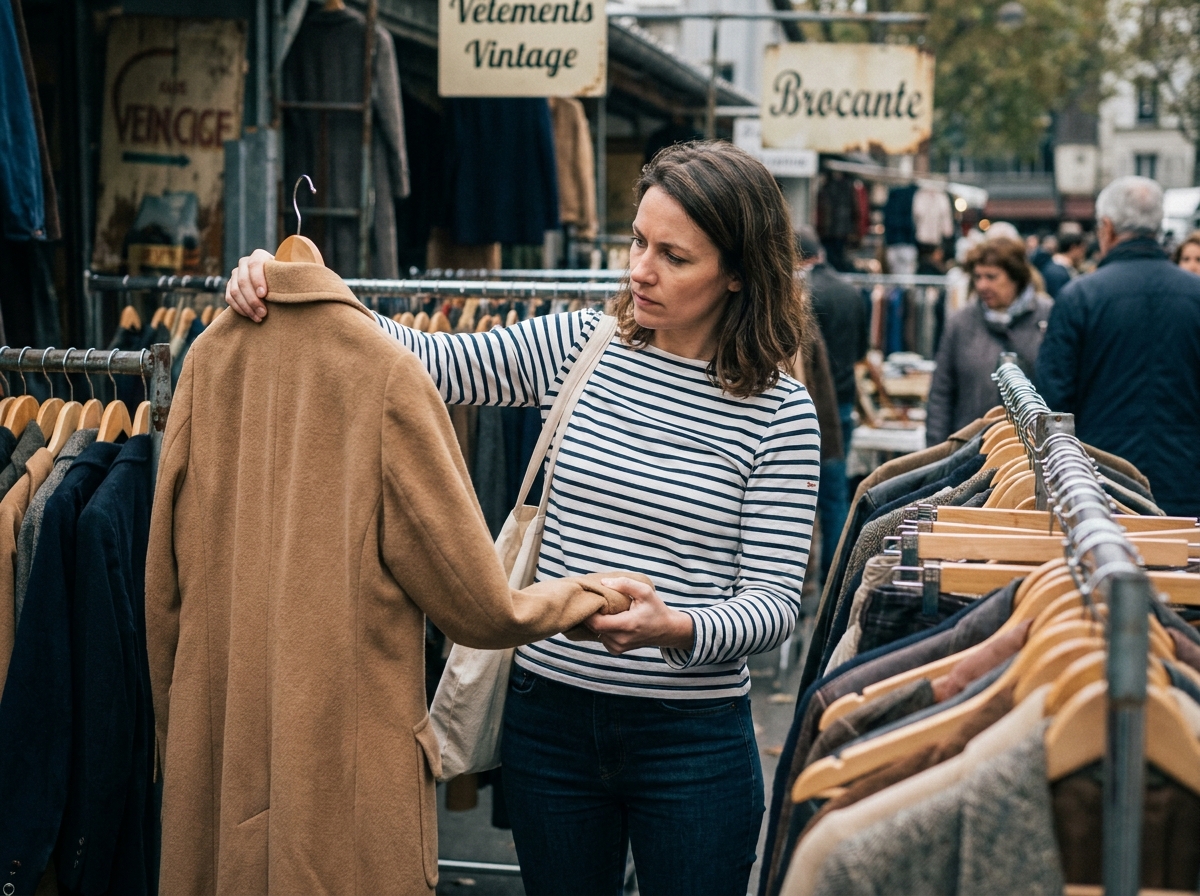 Femme inspectant un manteau en laine dans un marché aux puces parisien pour renouveler sa garde-robe de façon durable et économique