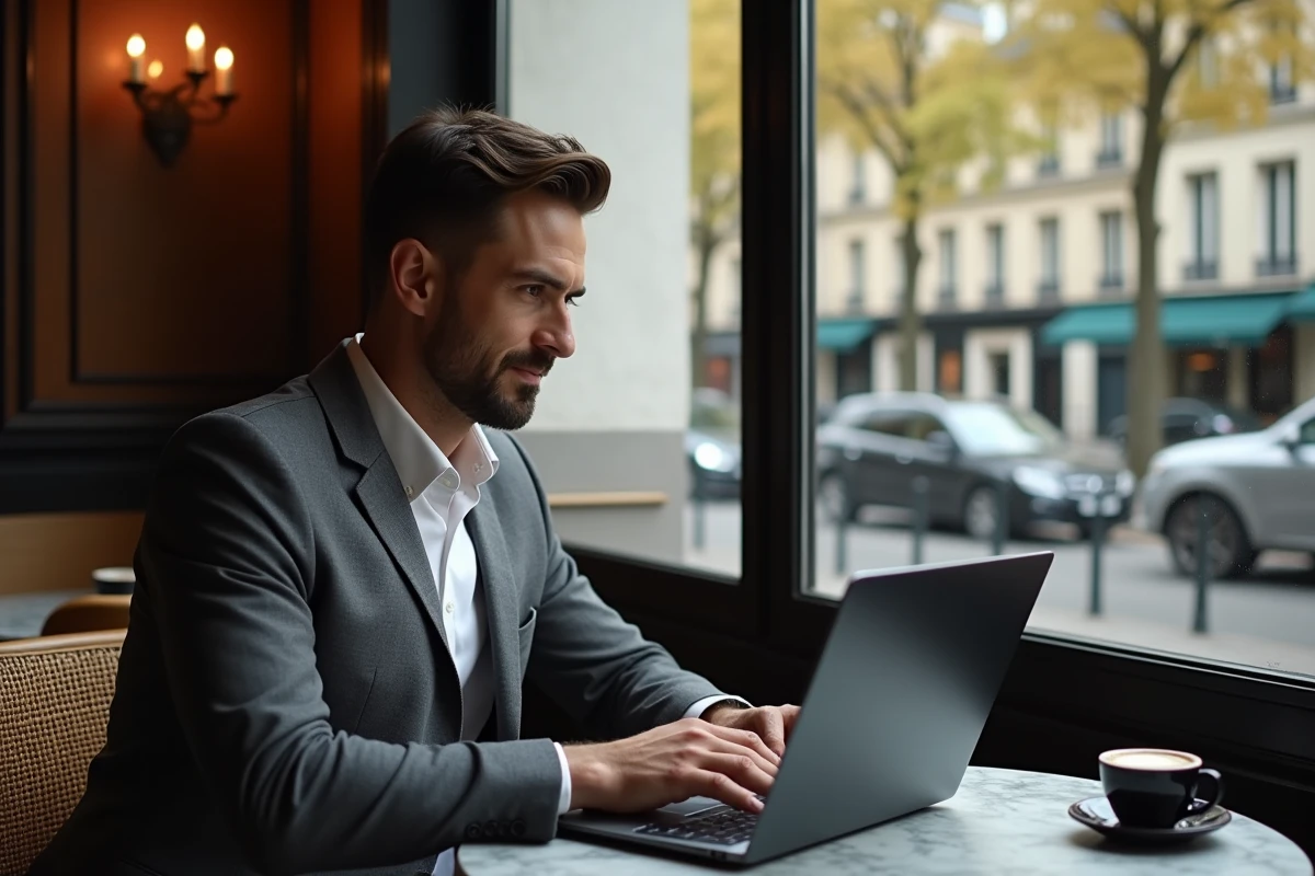 Homme consultant un site de réservation en ligne dans un café parisien avec vue sur l'Avenue Montaigne