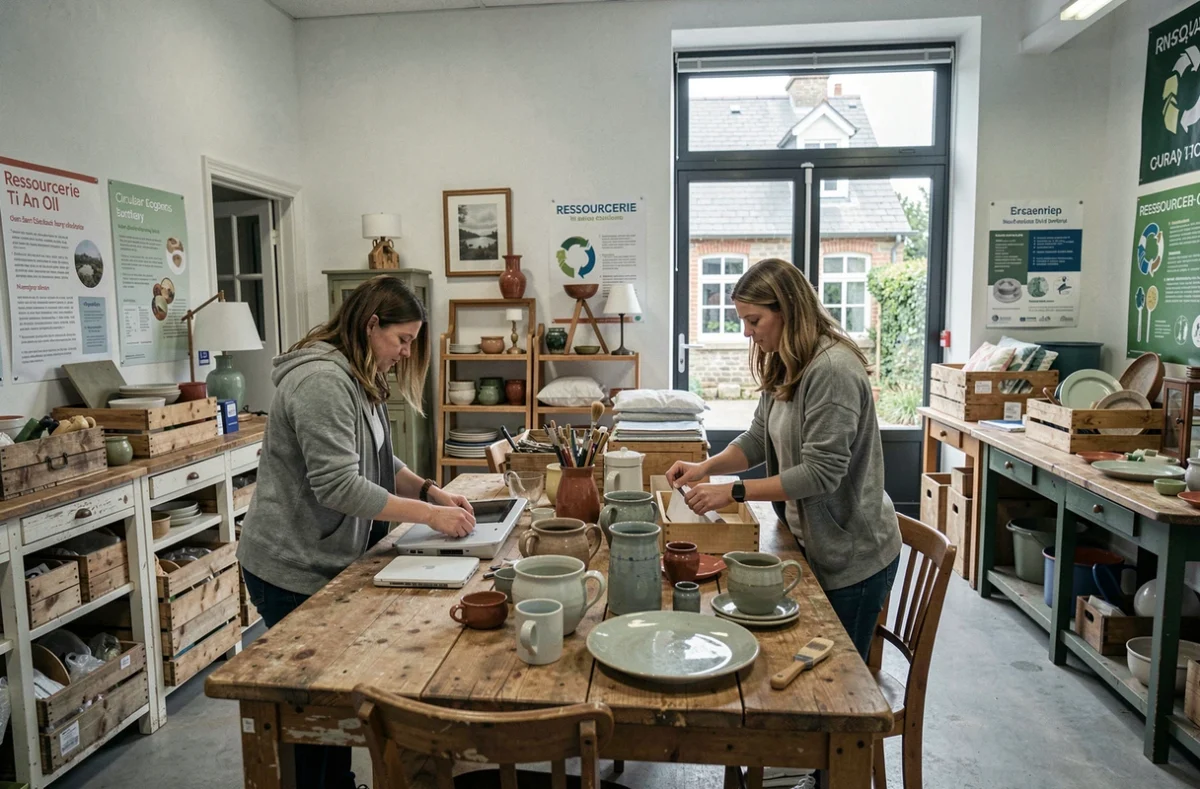Deux femmes trient et étiquettent des objets de seconde main dans l'atelier de la Ressourcerie Ti An Oll à Auray