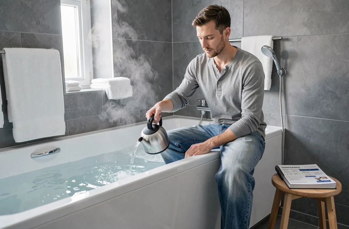Homme en jean assis sur le bord d'une baignoire pour faire rétrécir son denim avec de l'eau chaude