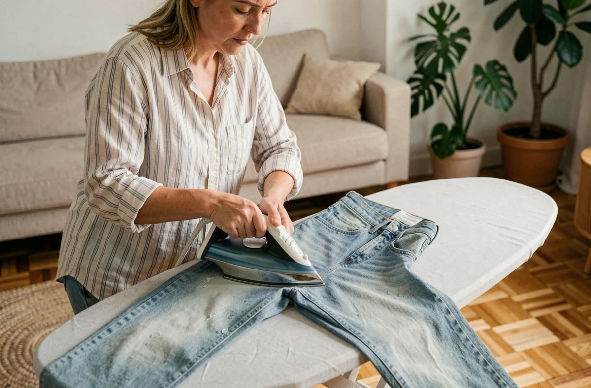 Femme repassant un jean humide pour le faire rétrécir définitivement à la maison