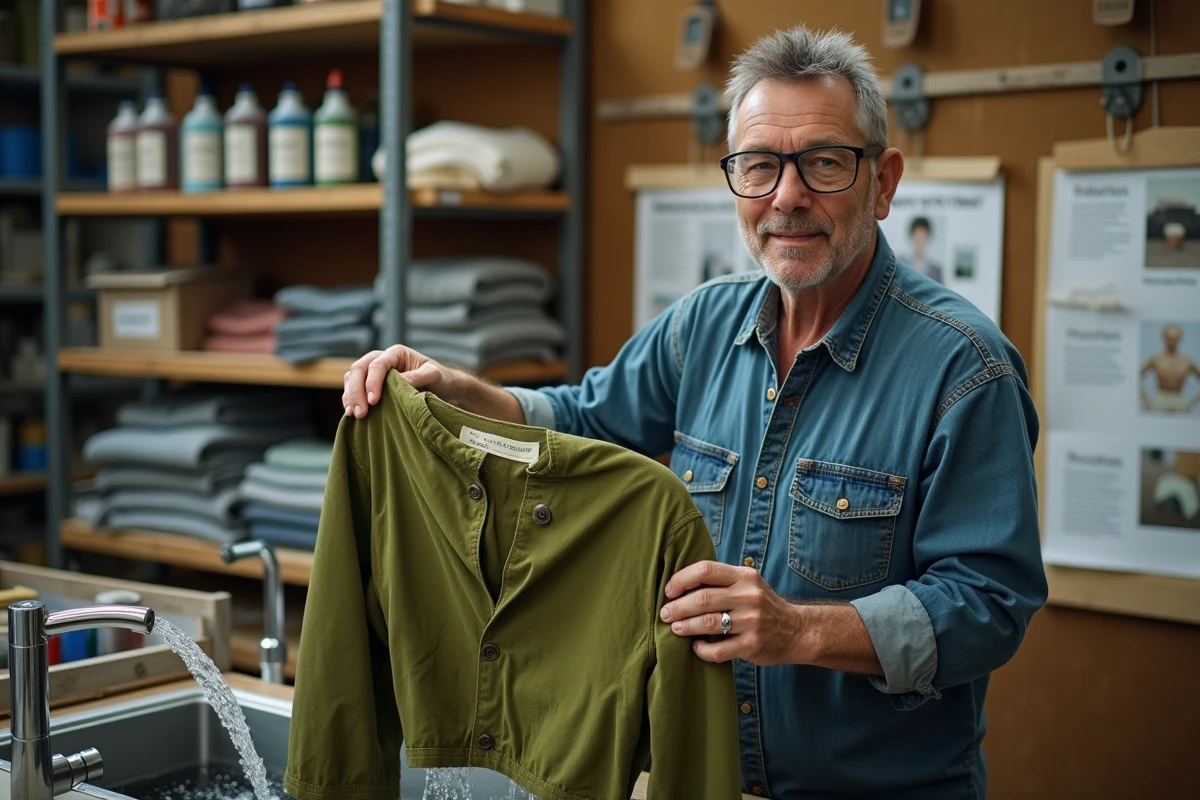 Homme rinçant une veste en polyester nouvellement teinte en vert olive dans un évier d'atelier, avec des étagères de produits de teinture textile en arrière-plan