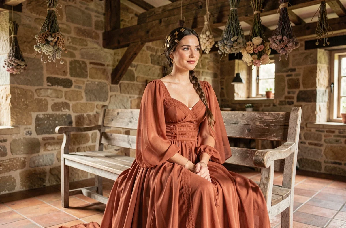 Mariée en robe bohème terracotta à manches bishop assise dans une ferme en pierre rustique avec tomettes et poutres apparentes