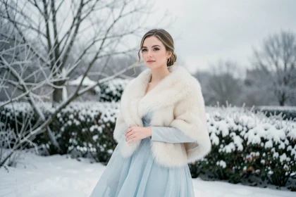Demoiselle d'honneur en robe bleue pastel longue avec étole en fausse fourrure ivoire lors d'un mariage hivernal en extérieur enneigé