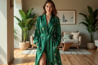 Femme en robe verte élégante dans un salon moderne