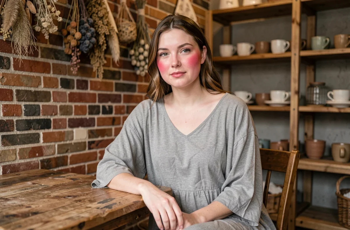 Jeune femme au teint clair dans une robe bohème grise fluide assise dans un café rustique, carnation rosée mise en valeur par le tissu gris
