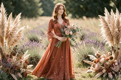 Mariée bohème en robe terracotta fluide avec dentelle dans une prairie de fleurs sauvages et herbes de pampa séchées