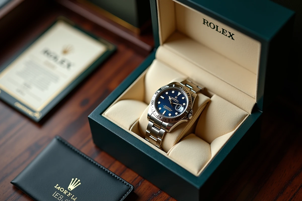 Montre Rolex posée sur coussin en velours crème dans son écrin avec certificat de garantie en boutique