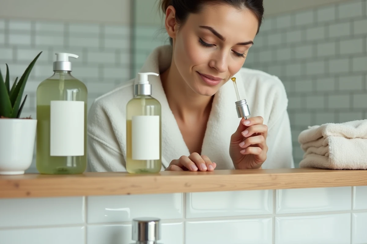 Femme inspectant des produits de beauté bio et naturels dans une salle de bain épurée et éco-friendly