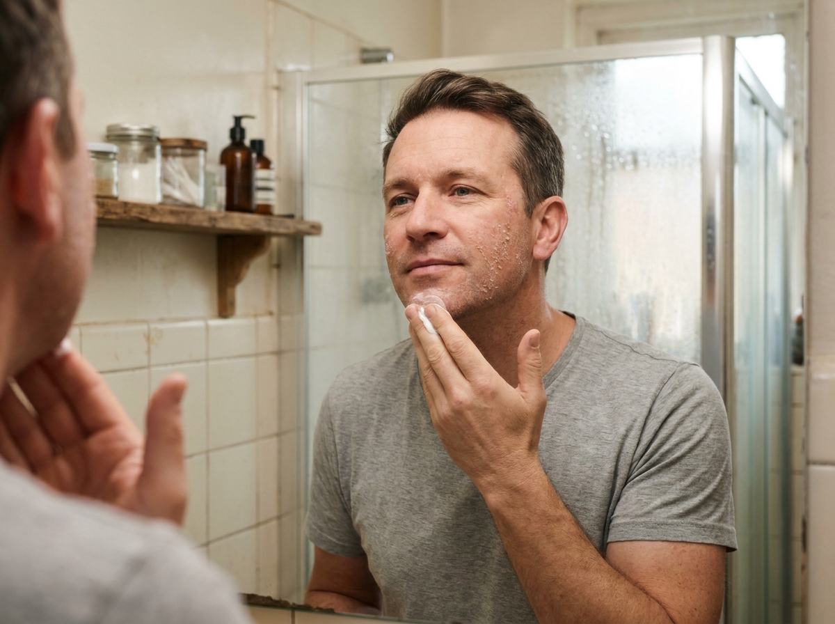 Homme appliquant une crème riche sur son visage sec devant un miroir de salle de bain