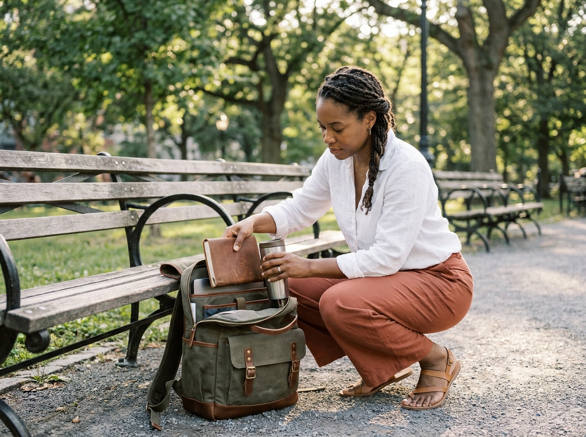 Femme ouvrant un sac à dos en toile et cuir sur un banc de parc urbain révélant une organisation pratique et un style quotidien soigné