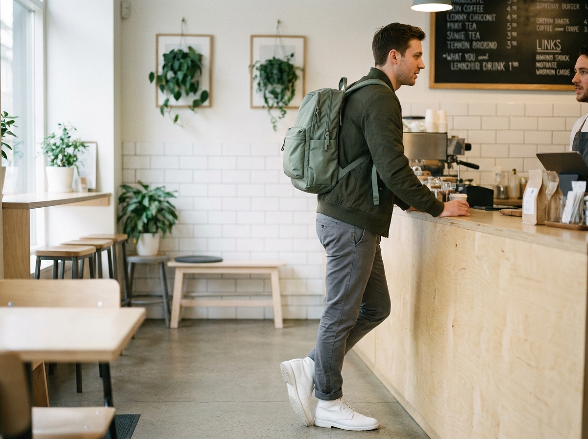 Homme stylé avec un sac à dos technique vert sauge dans un café scandinave moderne illustrant l'alliance fonctionnalité et style