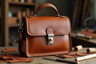 Sac en cuir pleine fleur cognac d'une marque française posé sur une table d'atelier en chêne avec des outils de maroquinerie artisanale