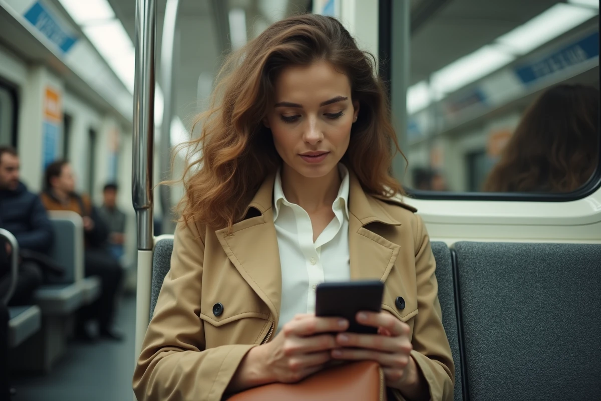 Jeune femme professionnelle avec une sacoche ordinateur portable en cuir dans le métro