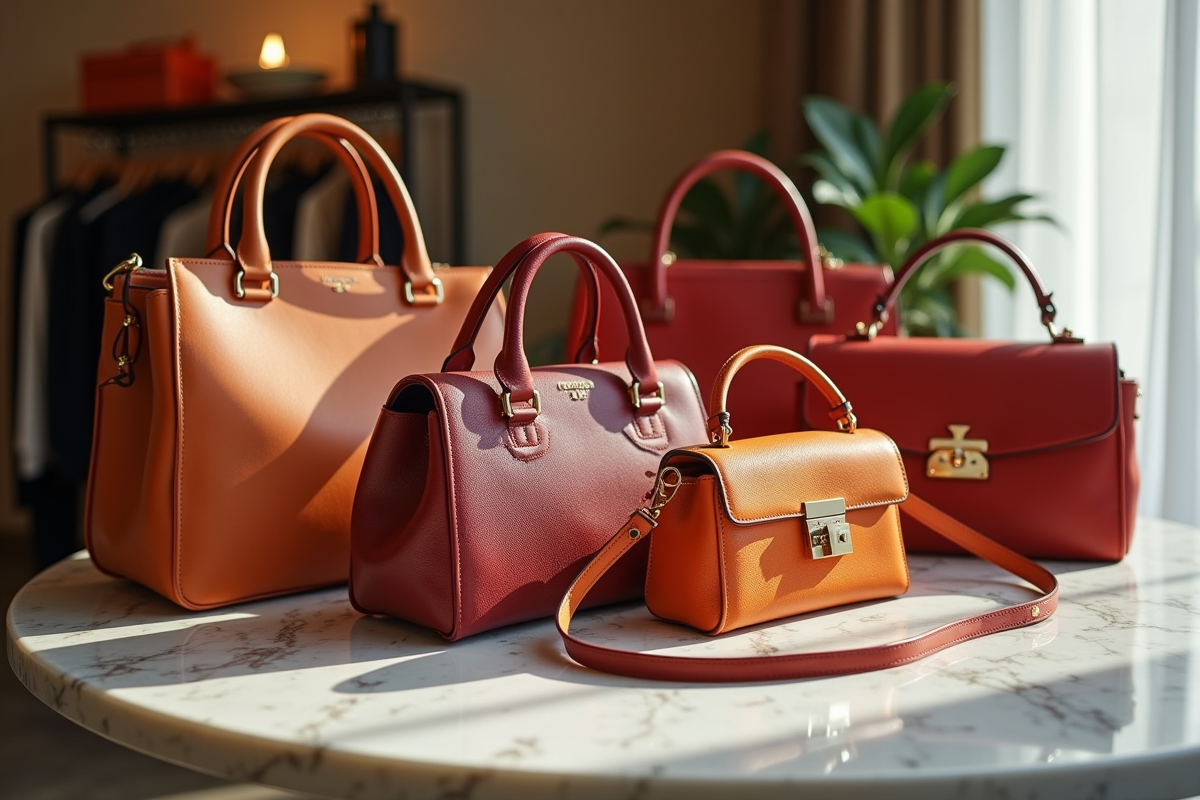 Sacs de haute couture exposés sur une table en boutique chic
