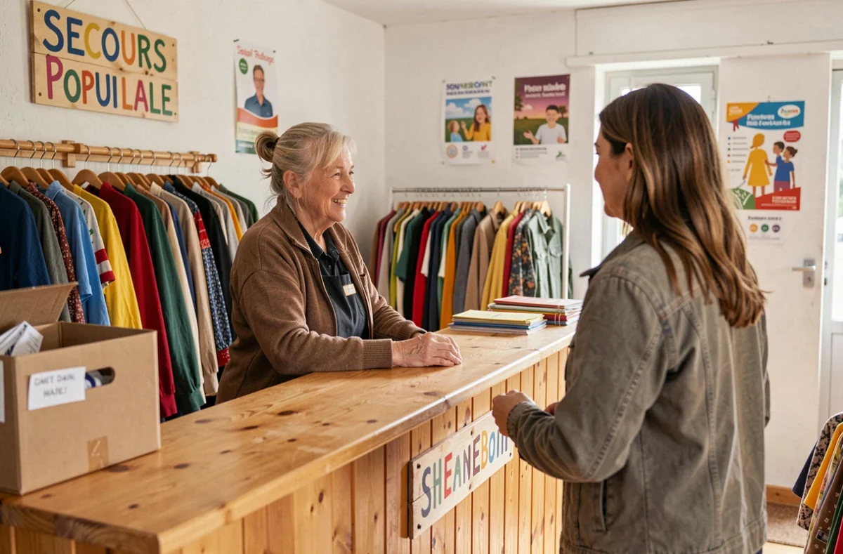 Une bénévole accueille chaleureusement une cliente dans la boutique solidaire du Secours Populaire à Hennebont