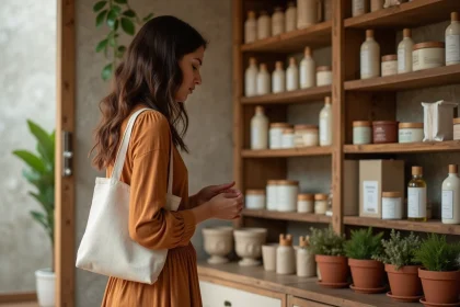 Femme en robe lin parcourant des produits de beauté éco-responsables dans une boutique durable et tendance