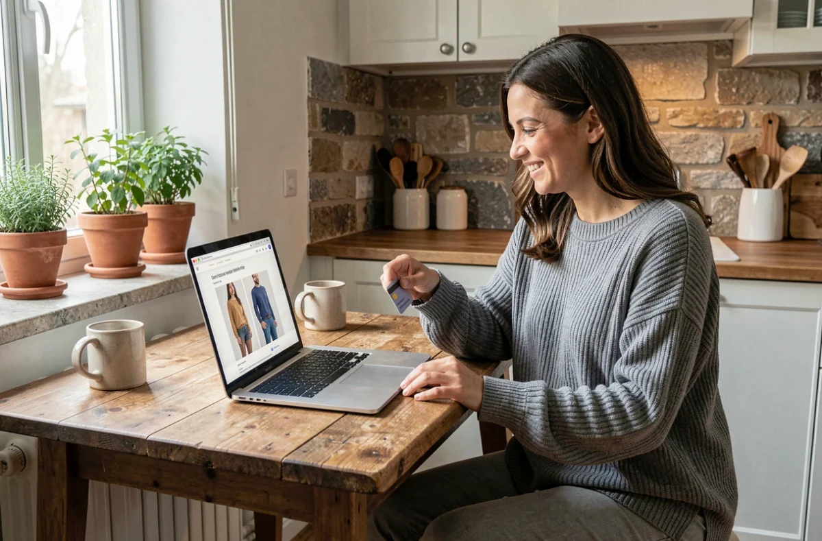 Femme qui fait du shopping en ligne sur un site de mode depuis son appartement avec un budget maîtrisé