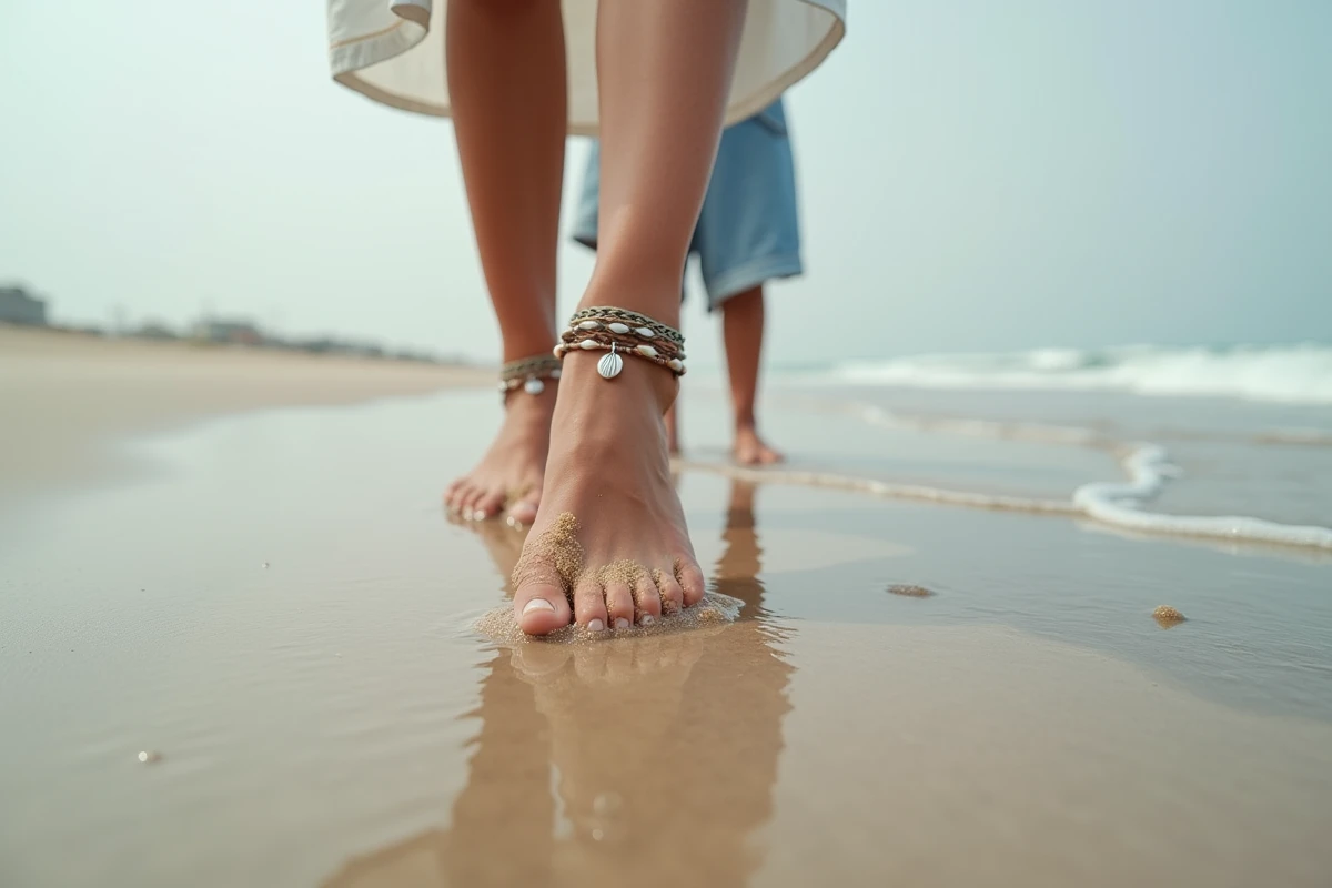 Femme pieds nus sur la plage portant un ensemble de bracelets de cheville bohèmes avec coquillages et fil tressé, au bord de l'eau