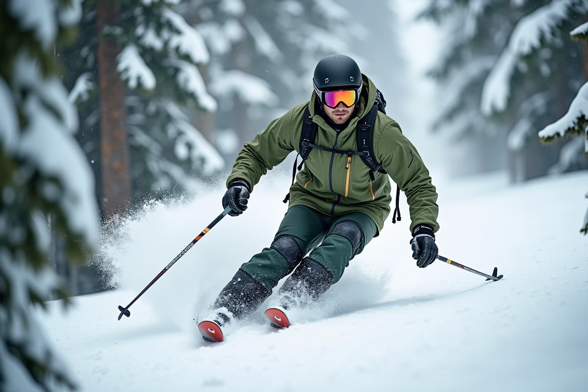 Skieur homme en combinaison freeride technique olive avec protection dorsale intégrée dans une forêt enneigée hors-piste