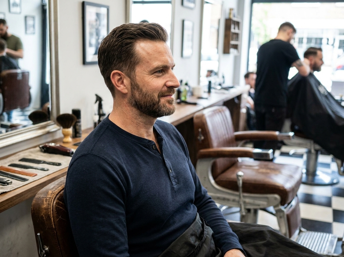 Homme souriant dans un fauteuil de barbier après une coupe soignée, symbolisant l'impact du soin de l'apparence sur l'estime de soi