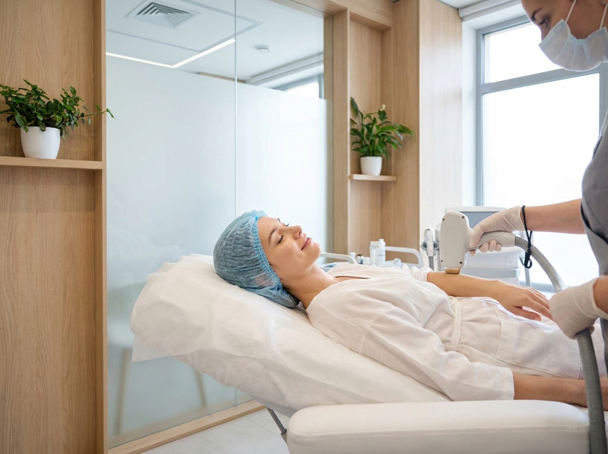 Cliente allongée en soin d'épilation définitive au laser dans un institut esthétique moderne aux environs de Montpellier
