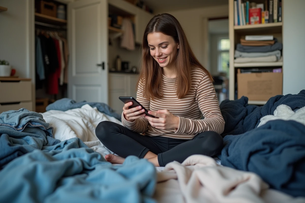 Jeune femme assise sur son lit entourée de vêtements sales dans un studio encombré, cherchant des solutions de rangement