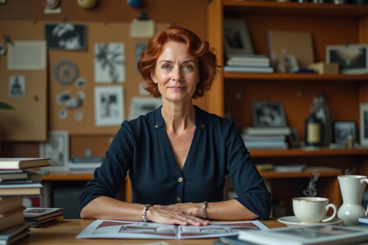 Femme artiste assise à son bureau dans un studio créatif entouré de tirages photographiques et de livres d'art