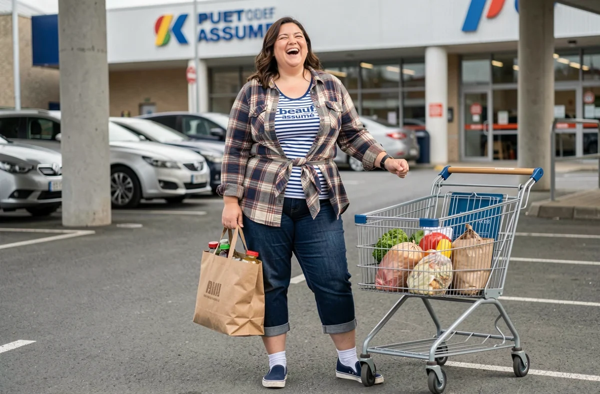 Femme grande taille en tenue beauf rayures marinière et flanelle dans un parking de supermarché, style décomplexé et naturel