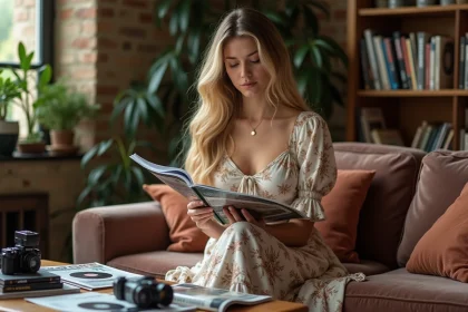 Jeune femme blonde aux cheveux ondulés parcourant un magazine de musique dans un appartement parisien bohème, entourée de vinyles et d'appareils photo argentiques