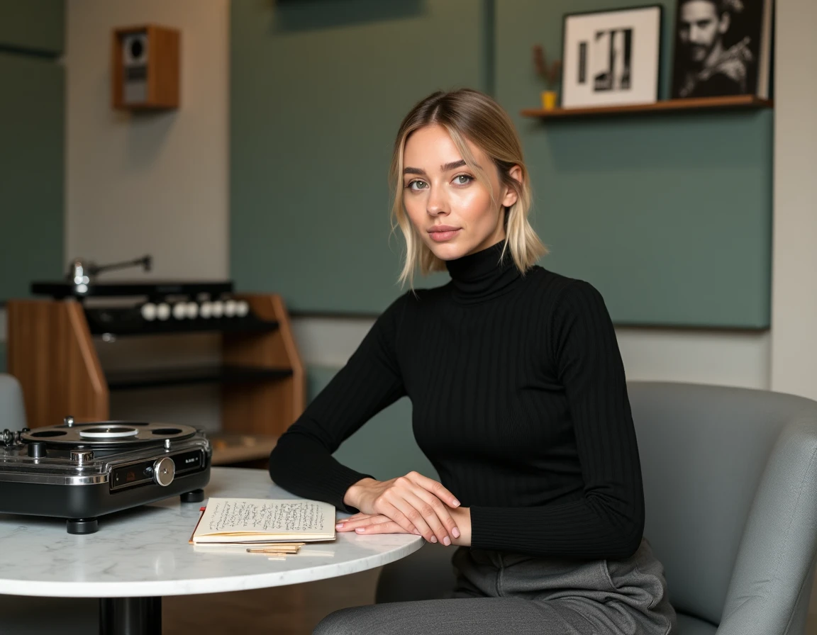 Femme blonde pensive en pull col roulé noir feuilletant un carnet de paroles dans un lounge de studio d'enregistrement vintage avec magnétophone à bobines