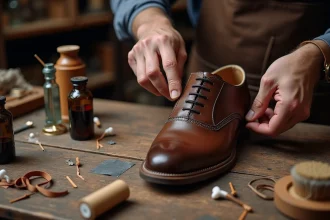 Artisan cordonnier appliquant une teinture marron sur une chaussure Oxford en cuir avec les surpiqûres protégées par du masking tape sur un établi en bois