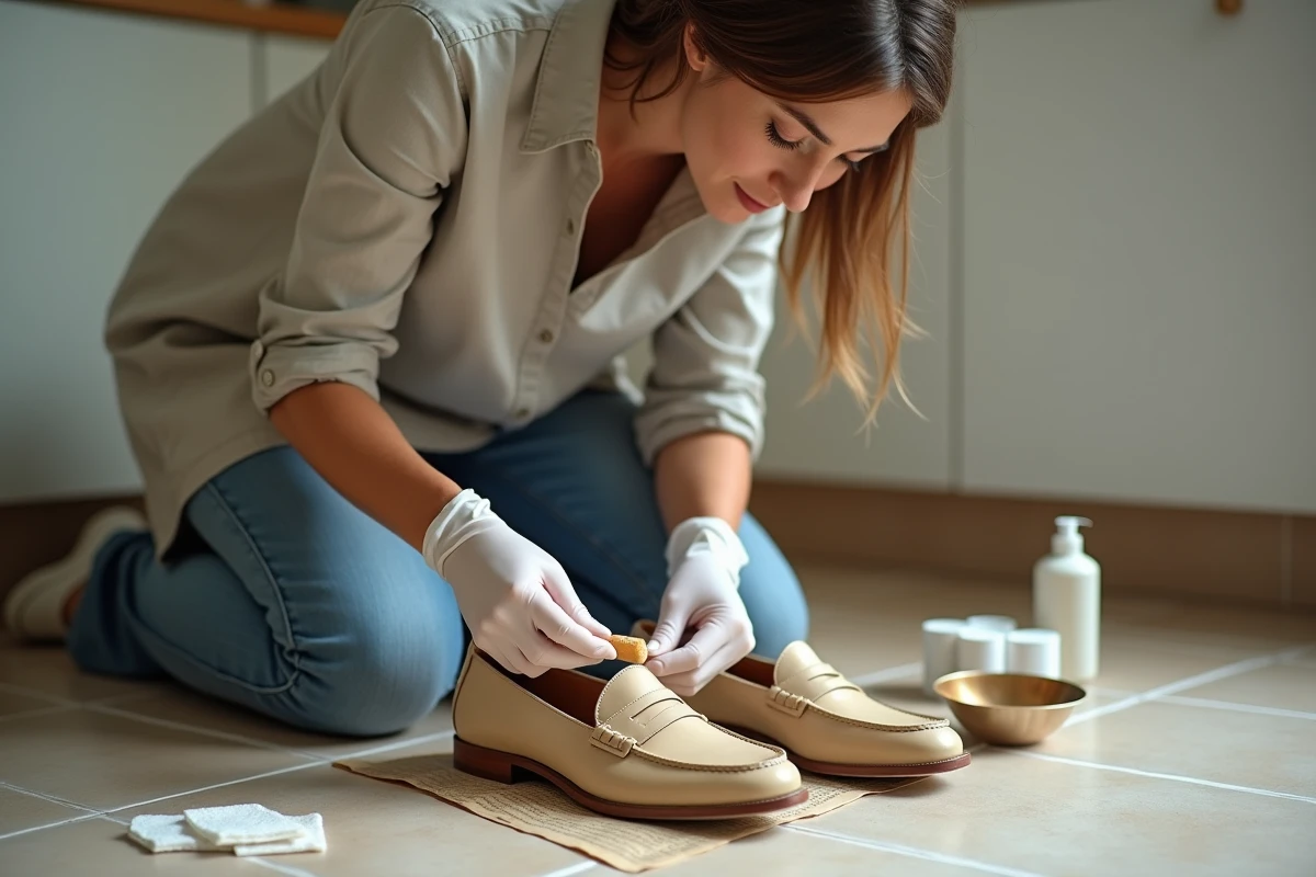 Femme appliquant une teinture sur des mocassins en cuir beige avec les surpiqûres protégées par du masking tape sur un sol de cuisine recouvert de journaux