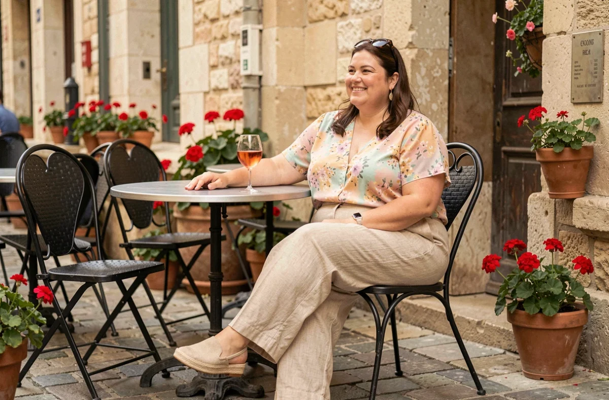 Grande femme ronde détendue en style beauf chic sur une terrasse de café français, blouse fleurie et pantalon lin large